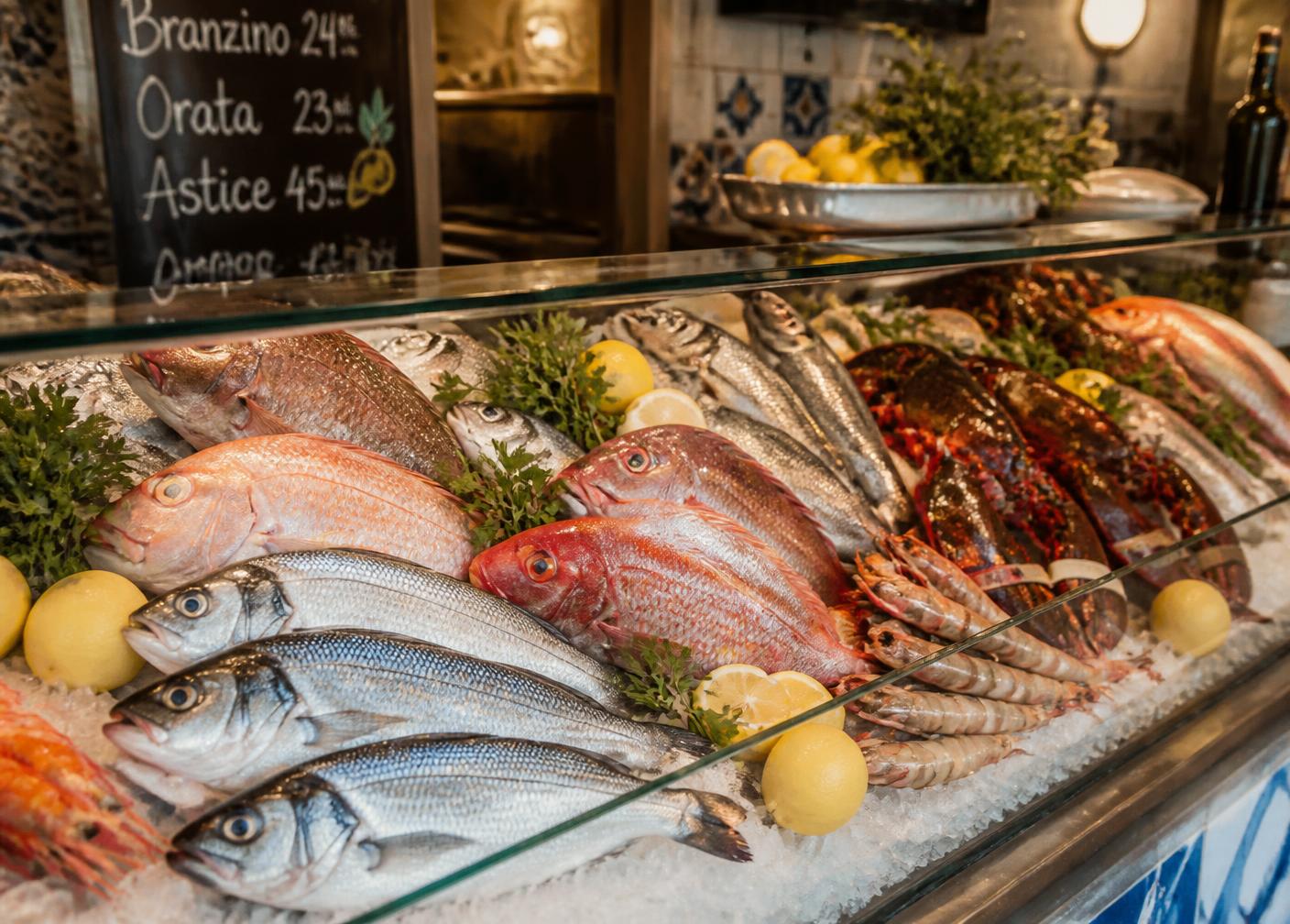 Fresh fish on ice in the restaurant's display case