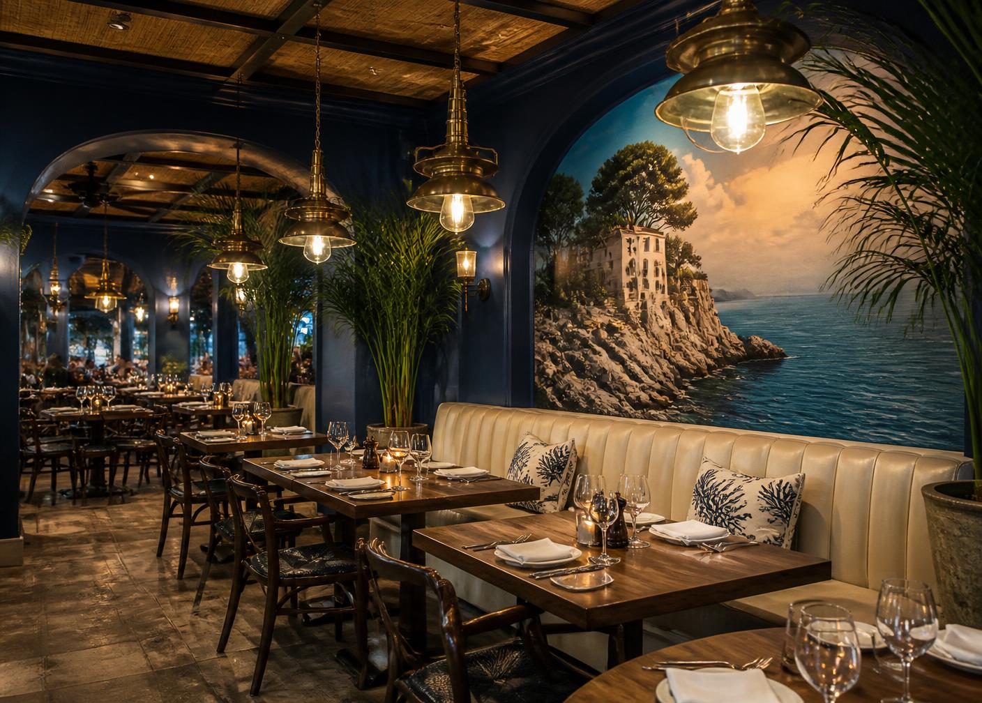 Navy and cream dining room with brass lamps and a painted coastal mural